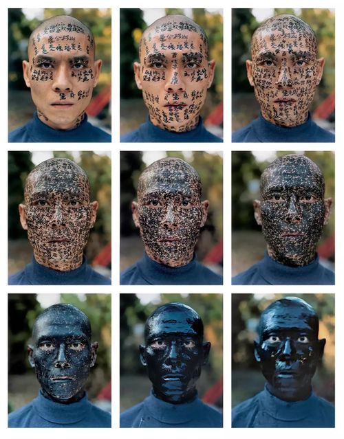 grid of nine images of a male face gradually growing increasingly covered in calligraphy to the point he becomes completely black