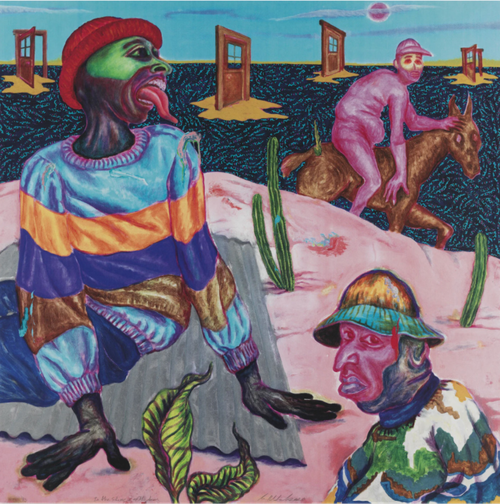 surrealist world where a large figure sits turning his head to the side and revealing a snake-like tongue, whilst wearing a red hat and a multicoloured sweater, with four door frames spread across the landscape in the background and a pink man riding a donkey 