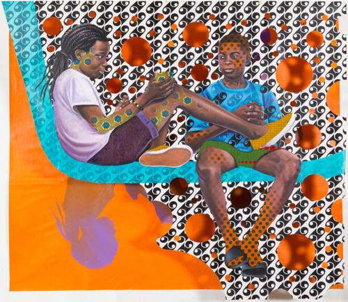 Boy and girl sat together on a blue thick line with geometric orange background