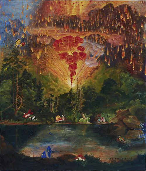 Forest scene with burst of volcanic light and clouds in centre and falling balls of fire