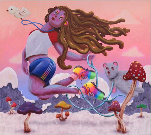 a fantasy world with purple mountains, large mushrooms and a pink sky, where a girl with long hair jump into the air and kicks her legs back behind her as a bird holds a string around her neck and she pulls along a bear behind her