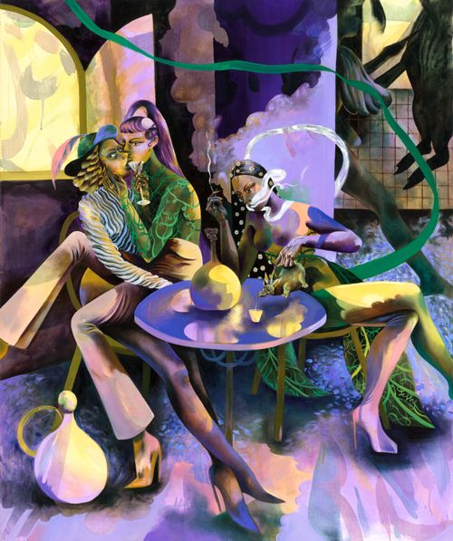surrealist purple scene of two women kissing whilst another smokes a cigarette and pours a glass