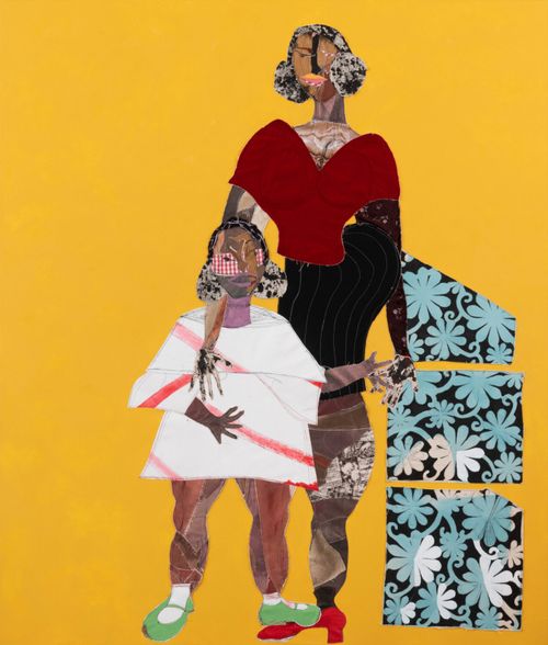 abstract collaged portrait of two figures – one large, one small – on a vibrant yellow background