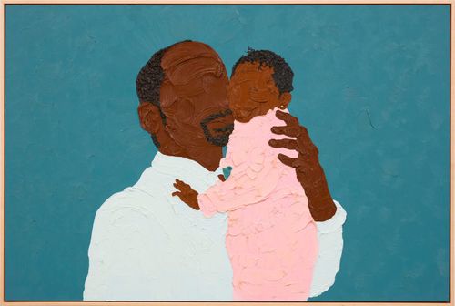 Impasto painting of a man holding a baby in pink, both depicted without facial features