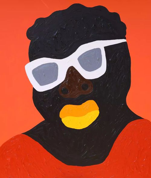 Orange background with black figure with yellow lips wearing white sunglasses  