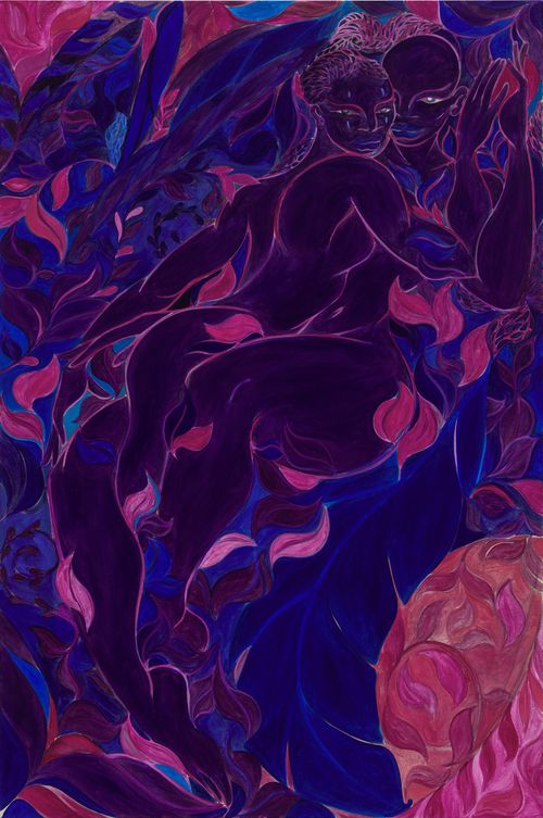 blue, purple and pink image of two figures intertwined looking towards the viewer with leaves