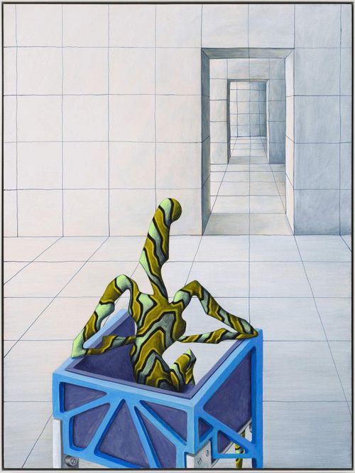 multiple doorways leading to a room where a stripey figure with no human features sits on a blue square chair with its back turned to the viewer