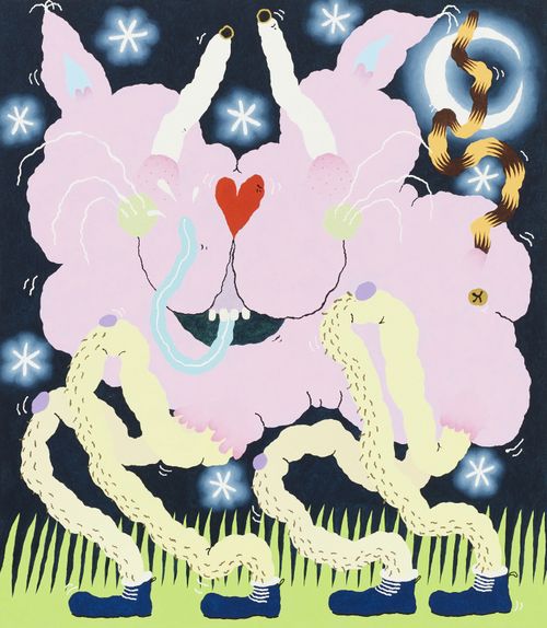 a pink fluffed figures embracing on a dark background