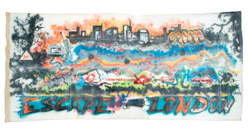 The Clash large state backdrop spray painted of London skyline