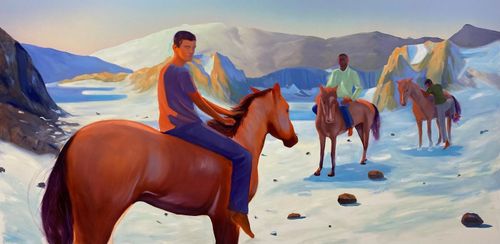Painting of three people on horseback