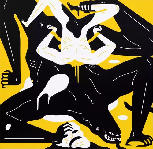 a reptilian human figure squashed into a canvas incorporating only yellow, white and black tones