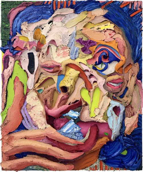 heavily layered impasto describing a colourful abstract portrait