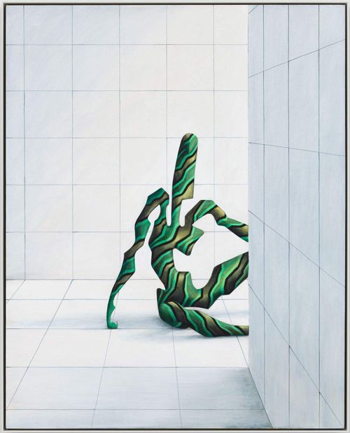 Striped elongated green figure sat resting on one arm on a white tiled floor