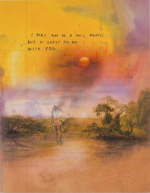 Pastel coloured sunset of yellows, orange and purples with foliage silhouettes in the mid-ground and typed writing above the sun