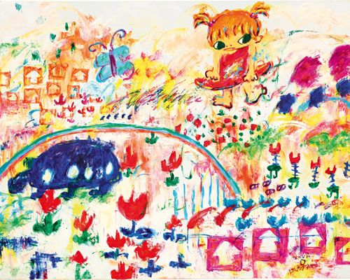 colourful and chaotic painting of a girl, flowers, a butterfly and a rainbow