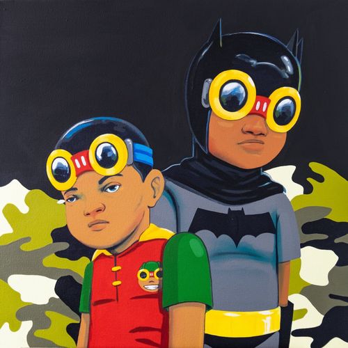two cartoon boy characters dressed as superheroes Batman and Robin with yellow and red goggles on against a black and green abstract background