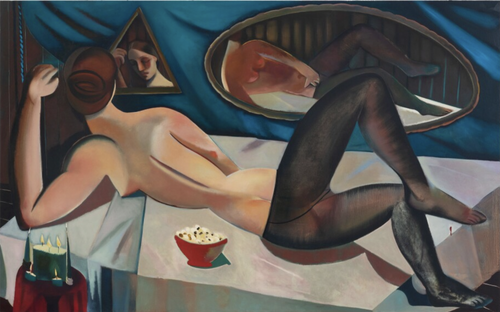 a woman wearing only tights reclining across a covered table and looking into a mirror