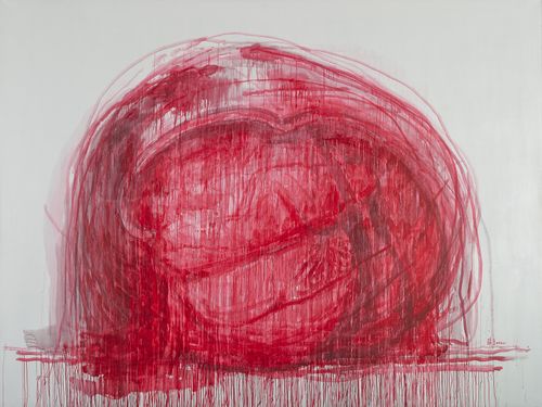red lines surrounding the shape of a heart organ dripping down off the canvas