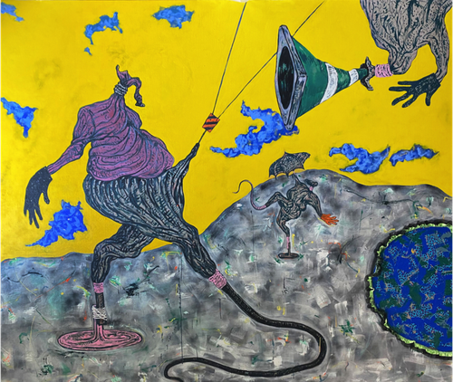 surrealist scene of a flat yellow background with patches of blue and a distorted, decapitated figure in the foreground being pulled forward by a set of strings towards an upside down figure who looks to have a green traffic cone for a head