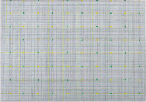 grey rectangle with grid shape on it and alternating yellow and green dots