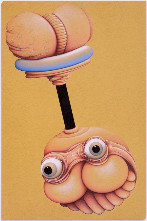 two flesh-coloured balls on a surface that is raised above a face with large eyes
