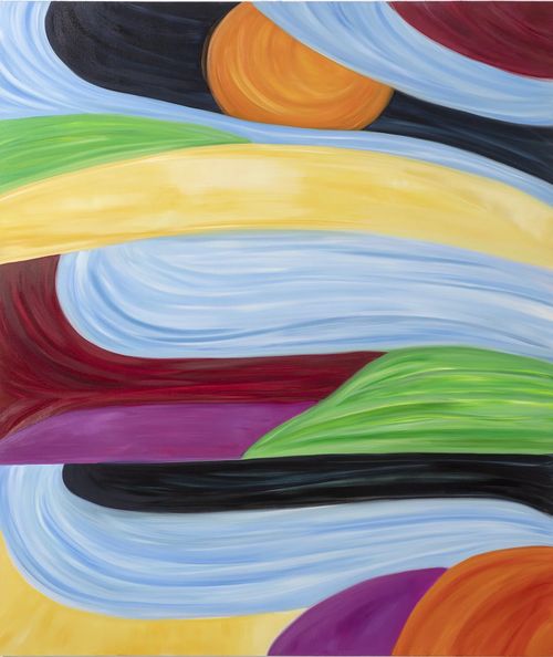 a colourful abstract landscape painting with visible streaks of long curved brushstrokes