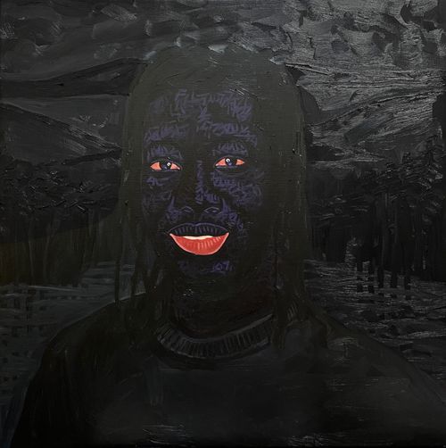 portrait of a black woman who's colouration matches the dark background she's set against