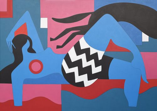 Blue woman lying down against a blue/pink shaped background