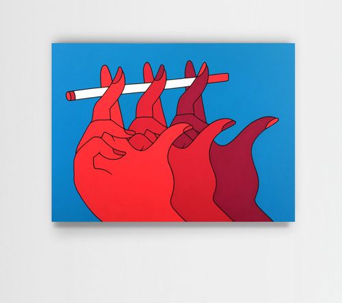 Three hands in different shades of red holding one long cigarette, blue background