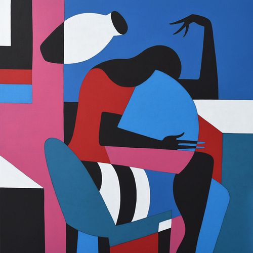 A woman seated, having thrown a pot in the air, abstract blue, pink and red
