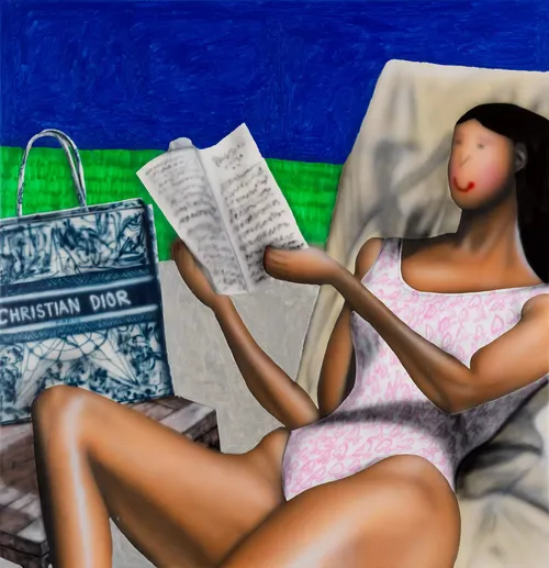 A tanned woman in a pink patterned swimsuit reclines on a lounger reading a paper, with a Christian Dior shopping bag next to her. Her face is just two dots and a red line smile, in contrast to the detailed body