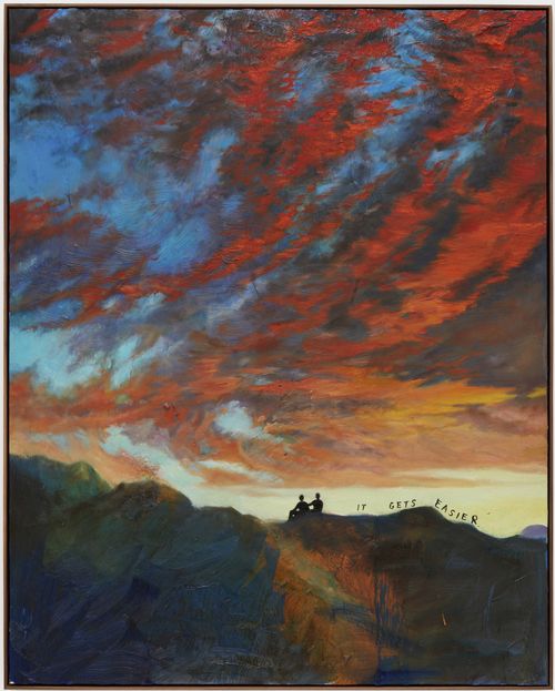 Intensely coloured blue and red sunset swirls with silhouettes of two figures sat on a hillside alongside the words 'IT GETS EASIER'