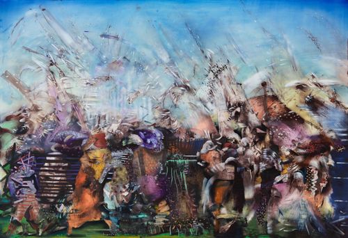 outdoor scene with a blue sky and green grass and a blur of figures and motions in various bold colours