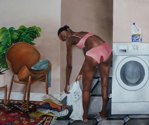 a woman in pink matching undergarments bending forwards to pick up her laundry and looking to the viewer, with a stain of menstruation blood on her underwear
