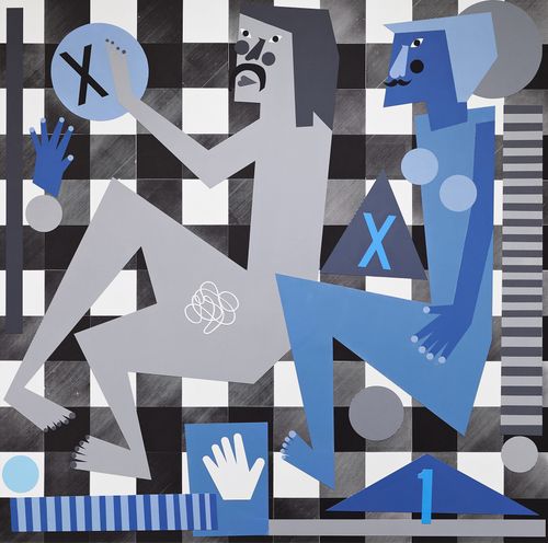 grey and blue painting of two figures, rendered in a blocky geometric style