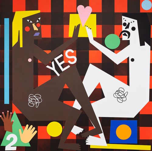 colourful abstract painting with two figures reaching to touch each other, a love-heart and the word 'YES'