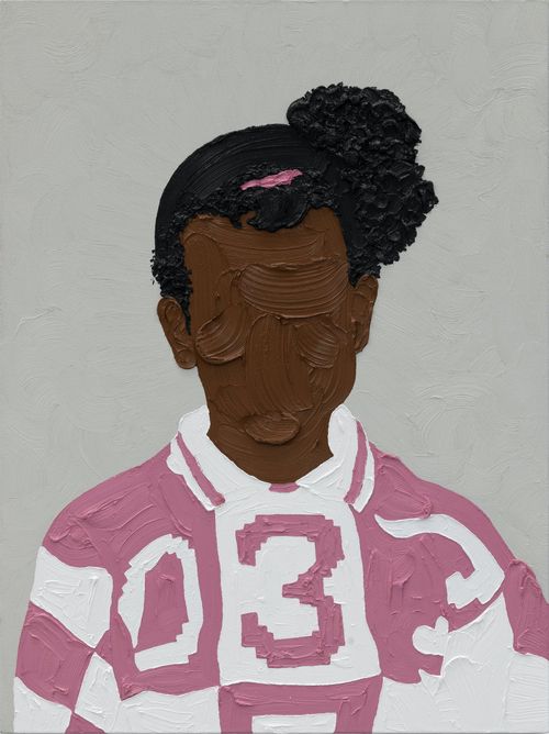 Ambiguous impasto portrait of a young girl wearing a pink and white top