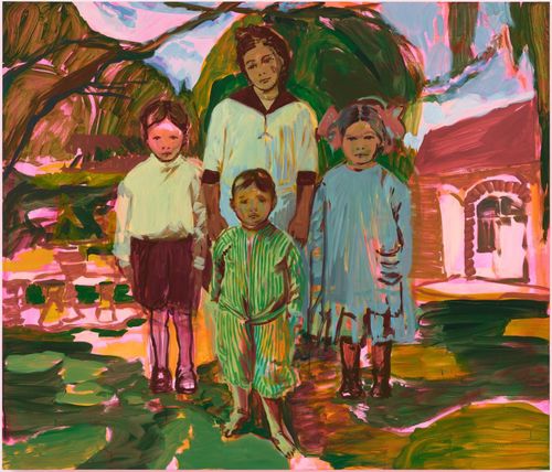 four children of varying heights stood together in a garden in front of a house