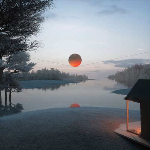 The moon with an orange glow, balancing on a line, over a large lake and cabin