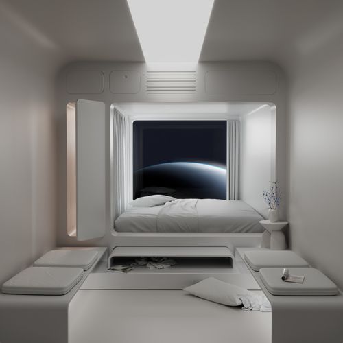 A white bedroom with a window in the far back, showing the out line of a very close moon
