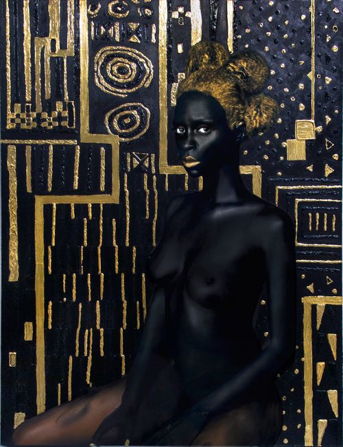 black and gold painting of a seated woman looking to the viewer, with gold hair and mosaic background