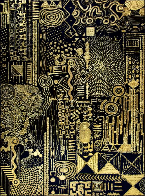 black and gold highly detailed mosaic painting with geometric patterns