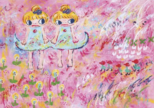 a painting of two girls in flared blue dresses in a flowery pink landscape