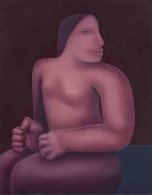 Dark painting of a bulbous naked figure with unproportional body features