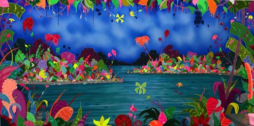 Colourful riverscape adorned in flowers and fauna
