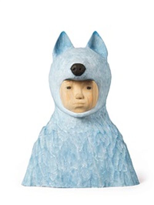 the upper half of a blue wolf with a human face