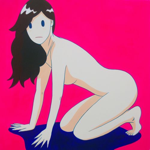 Nude woman crouches over pink background
