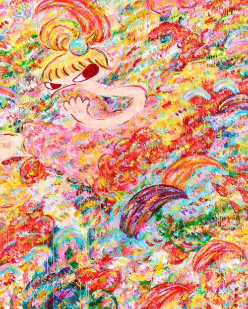 blonde-haired girl floating amongst colourful abstract shapes