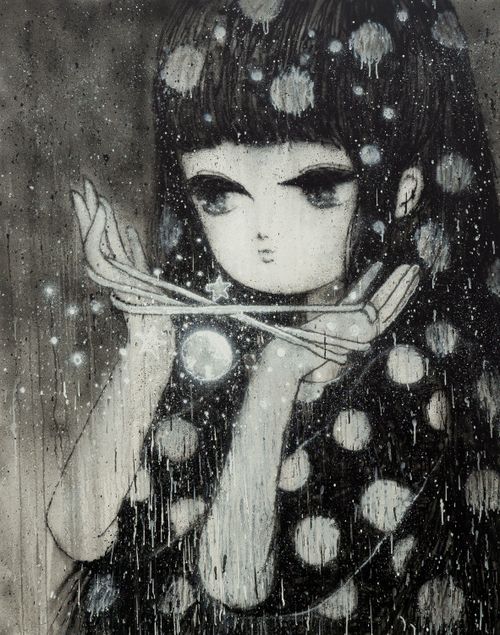 monochromatic image of anime girl with long black hair and white dots covering her hair and body, holding a cat's cradle game in her hands