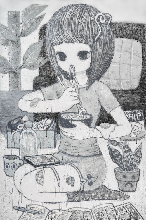 monochromatic image of a girl with shoulder-length hair, kneeling on the floor surrounded by miscellaneous objects, eating a bowl of noodles but spilling food over herself 